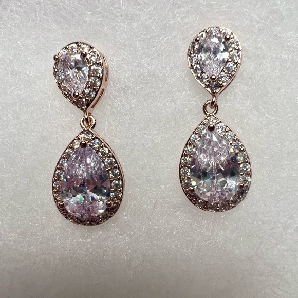 Rose Gold Tone Teardrop CZ Bracelet & Earrings Set, 7” Adjustable - Picture 3 of 10